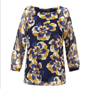 Cabi Lydia Blue and Yellow Floral Print Blouse